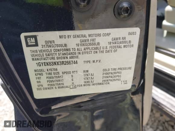 2003 Cadillac Escalade with VIN 1GYEK63NX3R266744, listed as a IAAI auction lot 43132094 with 293,698 mi miles and . Bid and sale history available at DreamBid. Image 9.