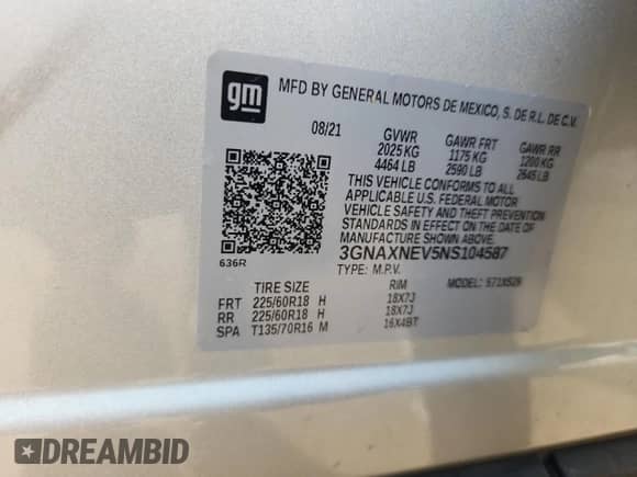 2022 Chevrolet Equinox Premier with VIN 3GNAXNEV5NS104587, listed as a Copart auction lot 60440505 with 42,942 mi miles and Salvage title. Bid and sale history available at DreamBid. Image 12.