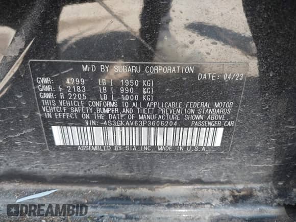 2023 Subaru Impreza Premium с VIN 4S3GKAV63P3606204, выставлен на аукционе IAAI как лот 42100222 с пробегом Не указан миль и . История ставок и продаж доступна на DreamBid. Изображение 9.