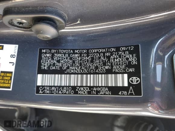 2012 Toyota Prius Three with VIN JTDKN3DU3C1614323, listed as a Copart auction lot 80818315 with 147,678 mi miles and Salvage title. Bid and sale history available at DreamBid. Image 12.