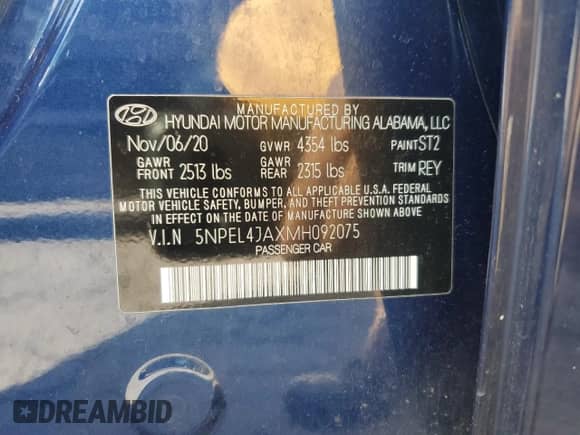 2021 Hyundai Sonata SEL with VIN 5NPEL4JAXMH092075, listed as a Copart auction lot 85869625 with 47,904 mi miles and Salvage title. Bid and sale history available at DreamBid. Image 12.