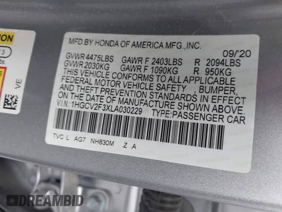 2020 Honda Accord Sport with VIN 1HGCV2F3XLA030229, listed as a IAAI auction lot 43283605 with 30,981 mi miles and . Bid and sale history available at DreamBid. Image 9.