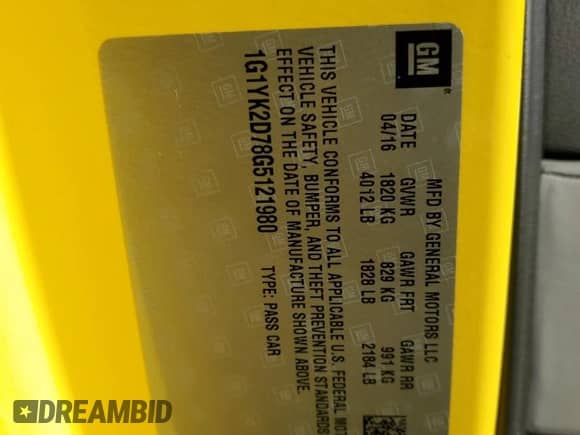 2016 Chevrolet Corvette Z51 2LT с VIN 1G1YK2D78G5121980, выставлен на аукционе Copart как лот 56662664 с пробегом Не указан миль и Списание • Salvage title. История ставок и продаж доступна на DreamBid. Изображение 14.