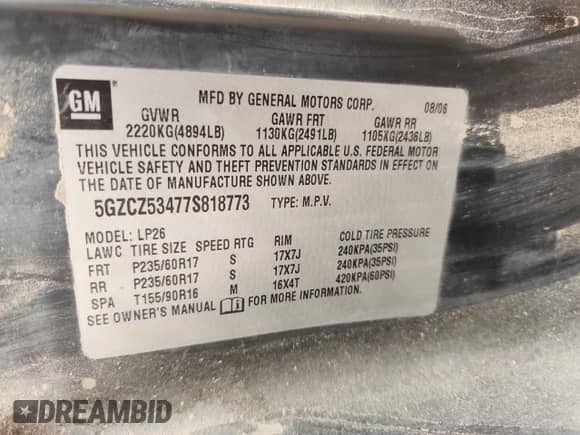 2007 Saturn VUE V6 with VIN 5GZCZ53477S818773, listed as a Copart auction lot 64020325 with 256,286 mi miles and Salvage title. Bid and sale history available at DreamBid. Image 14.