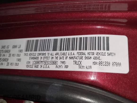 2014 Ram 1500 Sport with VIN 1C6RR7MT5ES153681, listed as a IAAI auction lot 42804109 with Not provided miles and . Bid and sale history available at DreamBid. Image 9.