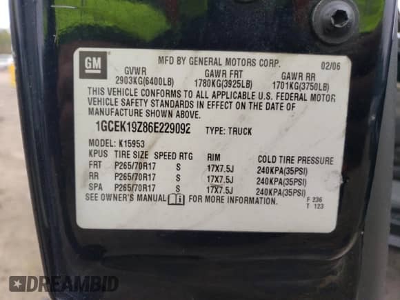 2006 Chevrolet Silverado 1500 LT1 с VIN 1GCEK19Z86E229092, выставлен на аукционе Copart как лот 89637555 с пробегом 356 228 миль миль и Списание • Salvage title. История ставок и продаж доступна на DreamBid. Изображение 12.