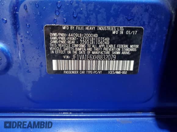 2017 Subaru WRX Premium with VIN JF1VA1E6XH8832079, listed as a Copart auction lot 82058945 with 106,683 mi miles and Salvage title. Bid and sale history available at DreamBid. Image 13.