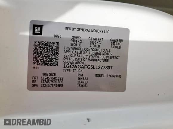 2020 Chevrolet Express Cargo with VIN 1GCWGAFG5L1277807, listed as a Copart auction lot 62069415 with 186,206 mi miles and Clean title. Bid and sale history available at DreamBid. Image 13.