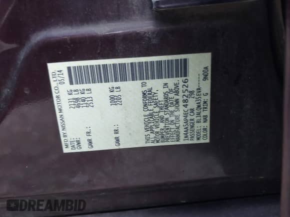 2014 Nissan Maxima S с VIN 1N4AA5AP4EC482526, выставлен на аукционе IAAI как лот 40917381 с пробегом Не указан миль и . История ставок и продаж доступна на DreamBid. Изображение 9.