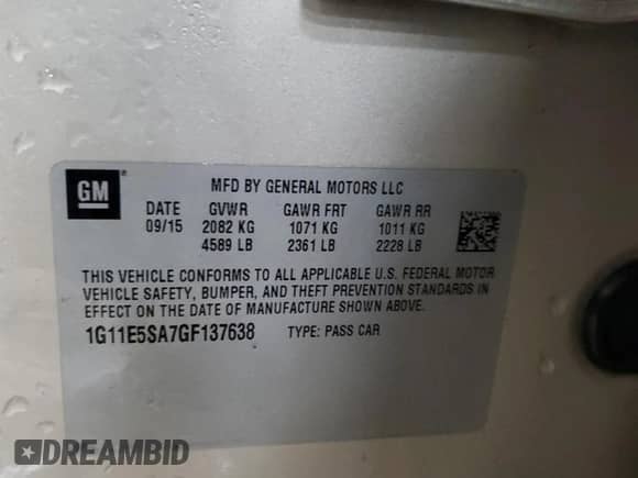 2016 Chevrolet Malibu LTZ with VIN 1G11E5SA7GF137638, listed as a Copart auction lot 43270895 with 135,640 mi miles and Salvage title. Bid and sale history available at DreamBid. Image 12.