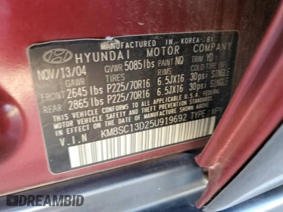 2005 Hyundai Santa Fe GLS with VIN KM8SC13D25U919692, listed as a Copart auction lot 76765954 with 164,644 mi miles and Clean title. Bid and sale history available at DreamBid. Image 13.