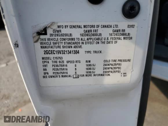 2002 Chevrolet Silverado 1500 LS with VIN 2GCEC19V321341384, listed as a Copart auction lot 66527885 with Not provided miles and Salvage title. Bid and sale history available at DreamBid. Image 13.