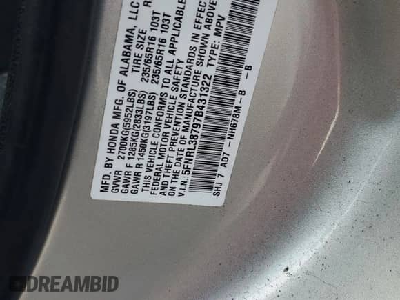 2007 Honda Odyssey EX-L с VIN 5FNRL38797B431322, выставлен на аукционе Copart как лот 71249985 с пробегом 183 460 миль миль и Списание • Salvage title. История ставок и продаж доступна на DreamBid. Изображение 14.