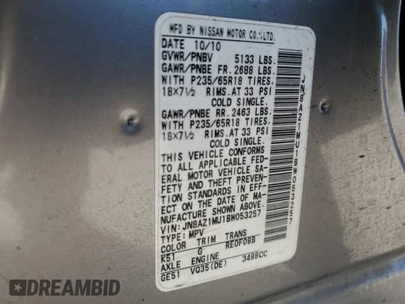 2011 Nissan Murano SL with VIN JN8AZ1MU1BW053257, listed as a Copart auction lot 48688815 with 173,955 mi miles and Salvage title. Bid and sale history available at DreamBid. Image 13.