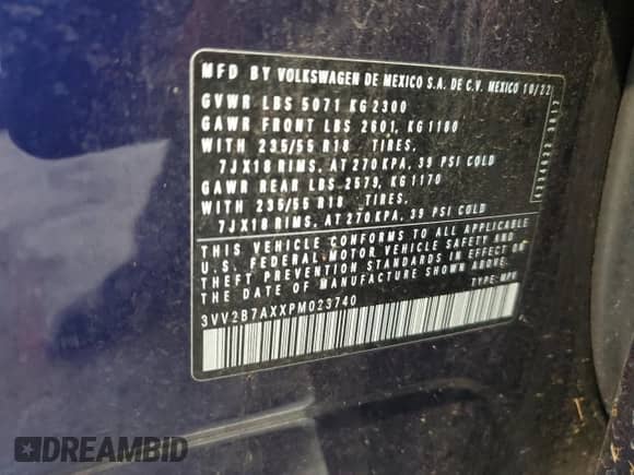 2023 Volkswagen Tiguan SE с VIN 3VV2B7AXXPM023740, выставлен на аукционе Copart как лот 81864085 с пробегом 78 108 миль миль и Списание • Salvage title. История ставок и продаж доступна на DreamBid. Изображение 13.