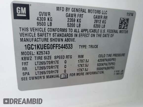 2015 Chevrolet Silverado 2500HD Work Truck z VIN 1GC1KUEG0FF544533, wystawiony jako Copart lot #60290975 z przebiegiem 187 360 mil mil oraz Szkoda całkowita • Salvage title. Historia ofert i sprzedaży dostępna na DreamBid. Obrazek 12.