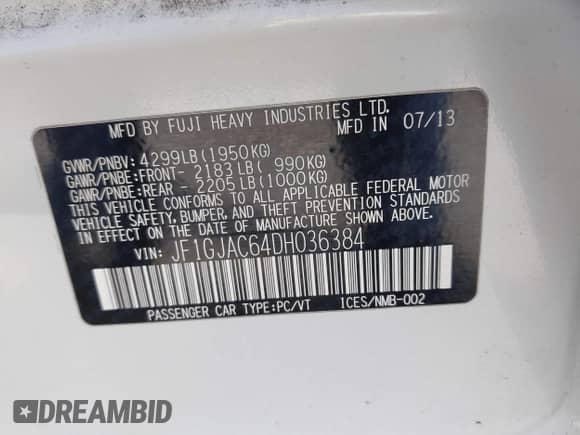 2013 Subaru Impreza Premium with VIN JF1GJAC64DH036384, listed as a IAAI auction lot 43260148 with 122,446 mi miles and . Bid and sale history available at DreamBid. Image 9.