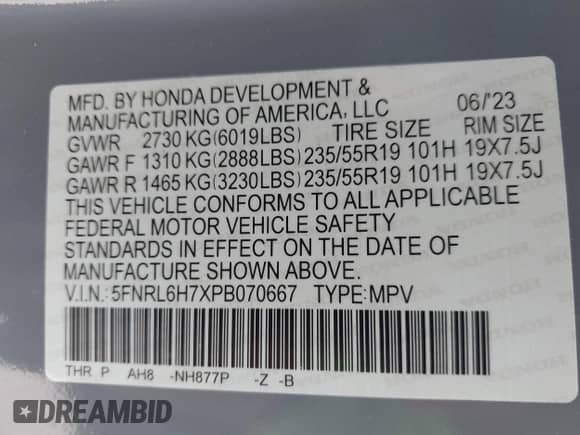 2023 Honda Odyssey Sport z VIN 5FNRL6H7XPB070667, wystawiony jako IAAI lot #42995029 z przebiegiem 13 446 mil mil oraz . Historia ofert i sprzedaży dostępna na DreamBid. Obrazek 9.