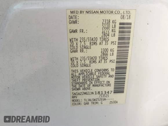 2018 Nissan Murano SV z VIN 5N1AZ2MG1JN181347, wystawiony jako IAAI lot #42377024 z przebiegiem 62 959 mil mil oraz . Historia ofert i sprzedaży dostępna na DreamBid. Obrazek 9.