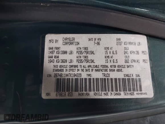 1996 Dodge Cargo with VIN 2B7HB11X4TK184229, listed as a IAAI auction lot 42640528 with 108,497 mi miles and . Bid and sale history available at DreamBid. Image 9.