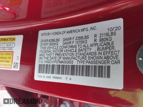 2021 Honda Accord EX-L с VIN 1HGCV1F57MA003003, выставлен на аукционе IAAI как лот 42470343 с пробегом 91 038 миль миль и . История ставок и продаж доступна на DreamBid. Изображение 9.