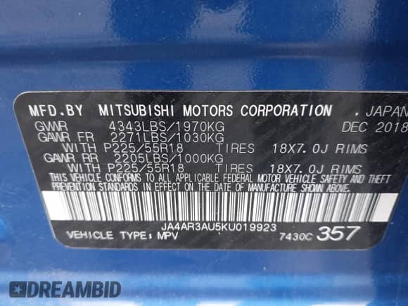 2019 Mitsubishi Outlander ES с VIN JA4AR3AU5KU019923, выставлен на аукционе IAAI как лот 43219322 с пробегом 79 269 миль миль и . История ставок и продаж доступна на DreamBid. Изображение 9.