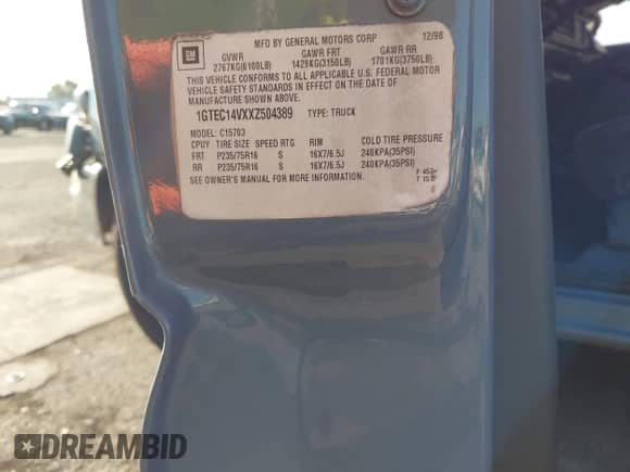 1999 GMC Sierra 1500 SLE with VIN 1GTEC14VXXZ504389, listed as a IAAI auction lot 43139898 with 190,389 mi miles and . Bid and sale history available at DreamBid. Image 9.