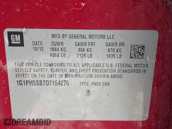 2013 Chevrolet Cruze ECO с VIN 1G1PH5SB7D7154276, выставлен на аукционе IAAI как лот 43251204 с пробегом 193 282 миль миль и . История ставок и продаж доступна на DreamBid. Изображение 9.
