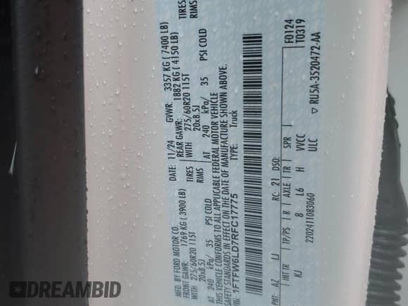 2024 Ford F-150 King Ranch с VIN 1FTFW6LD7RFC17775, выставлен на аукционе Copart как лот 56106805 с пробегом 6 401 миль миль и Списание • Salvage title. История ставок и продаж доступна на DreamBid. Изображение 12.