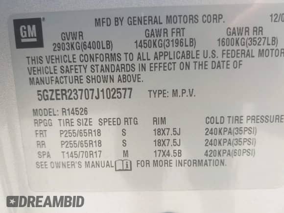2007 Saturn Outlook XR with VIN 5GZER23707J102577, listed as a IAAI auction lot 42552830 with 184,037 mi miles and . Bid and sale history available at DreamBid. Image 9.