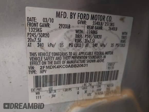 2010 Ford Edge Limited с VIN 2FMDK4KC0ABB20631, выставлен на аукционе IAAI как лот 43139519 с пробегом 245 090 миль миль и . История ставок и продаж доступна на DreamBid. Изображение 9.