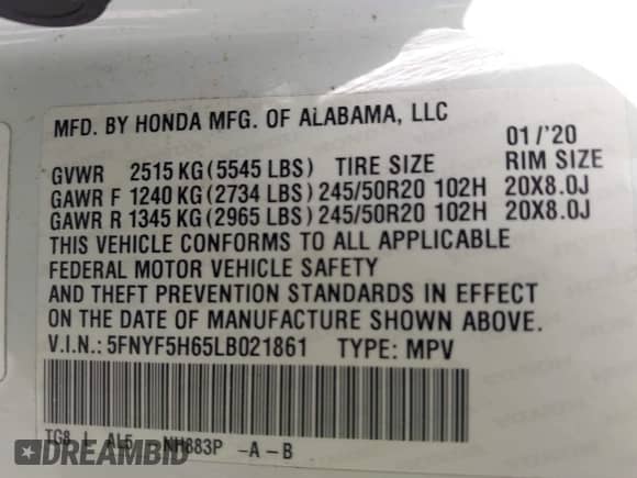 2020 Honda Pilot Touring 7-Passenger z VIN 5FNYF5H65LB021861, wystawiony jako IAAI lot #42305419 z przebiegiem 118 595 mil mil oraz . Historia ofert i sprzedaży dostępna na DreamBid. Obrazek 9.