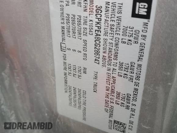 2012 Chevrolet Silverado 1500 Work Truck z VIN 3GCPKPEA8CG286747, wystawiony jako Copart lot #85266964 z przebiegiem 135 079 mil mil oraz Szkoda całkowita • Salvage title. Historia ofert i sprzedaży dostępna na DreamBid. Obrazek 12.