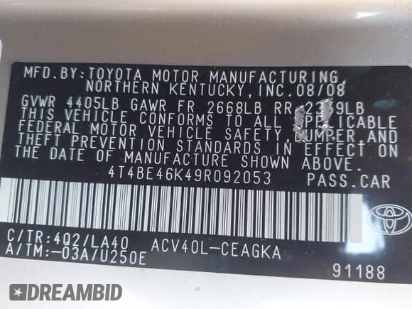 2009 Toyota Camry with VIN 4T4BE46K49R092053, listed as a IAAI auction lot 43523502 with 185,428 mi miles and . Bid and sale history available at DreamBid. Image 9.