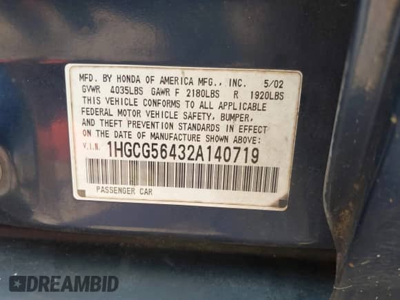 2002 Honda Accord LX with VIN 1HGCG56432A140719, listed as a IAAI auction lot 42724869 with 278,226 mi miles and . Bid and sale history available at DreamBid. Image 9.