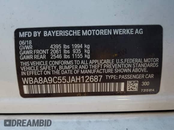 2018 BMW 3 Series 320i with VIN WBA8A9C55JAH12687, listed as a IAAI auction lot 43262965 with 125,811 mi miles and . Bid and sale history available at DreamBid. Image 9.