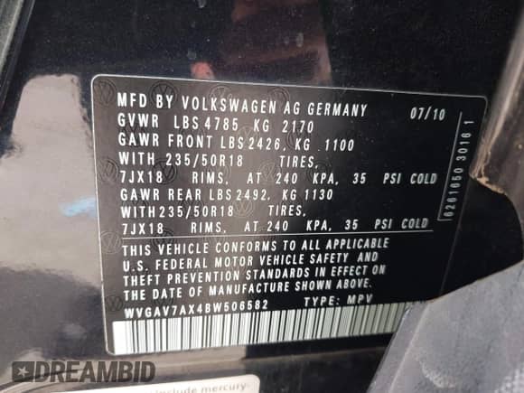 2011 Volkswagen Tiguan S with VIN WVGAV7AX4BW506582, listed as a IAAI auction lot 42080965 with Not provided miles and . Bid and sale history available at DreamBid. Image 9.