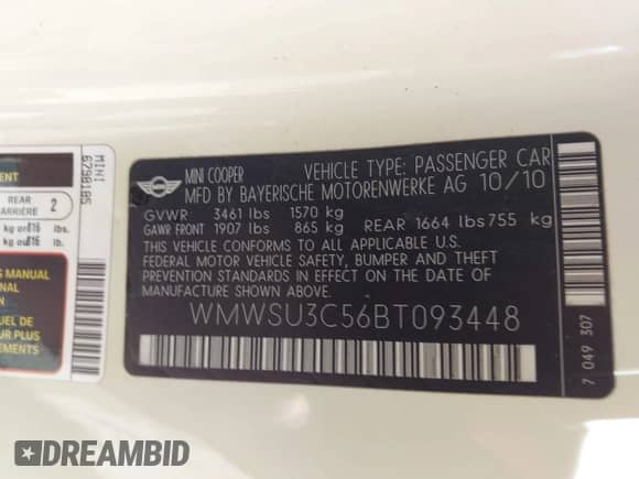 2011 MINI Hardtop with VIN WMWSU3C56BT093448, listed as a IAAI auction lot 42355986 with 175,231 mi miles and . Bid and sale history available at DreamBid. Image 9.
