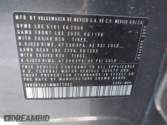 2021 Volkswagen Tiguan SE with VIN 3VV3B7AX1MM011542, listed as a IAAI auction lot 43526305 with 92,936 mi miles and . Bid and sale history available at DreamBid. Image 9.