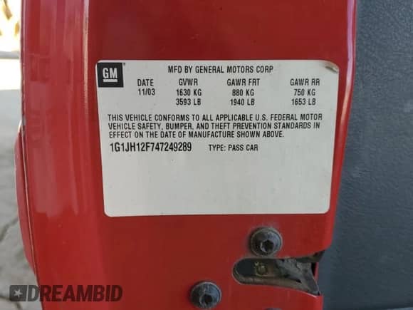 2004 Chevrolet Cavalier LS Sport with VIN 1G1JH12F747249289, listed as a Copart auction lot 71522034 with Not provided miles and Salvage title. Bid and sale history available at DreamBid. Image 15.