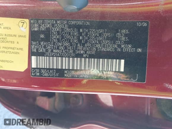 2007 Toyota Highlander Limited z VIN JTEEP21A770201291, wystawiony jako IAAI lot #43235363 z przebiegiem 198 514 mil mil oraz . Historia ofert i sprzedaży dostępna na DreamBid. Obrazek 9.