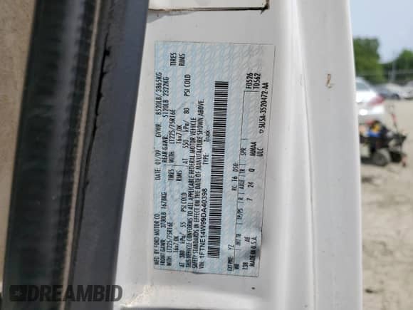 2009 Ford Econoline Cargo Commercial с VIN 1FTNE14W99DA40398, выставлен на аукционе Copart как лот 59805975 с пробегом 222 117 миль миль и Списание • Salvage title. История ставок и продаж доступна на DreamBid. Изображение 13.