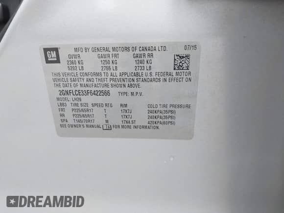 2015 Chevrolet Equinox LT z VIN 2GNFLCE33F6422566, wystawiony jako IAAI lot #42323286 z przebiegiem 167 924 mil mil oraz . Historia ofert i sprzedaży dostępna na DreamBid. Obrazek 9.