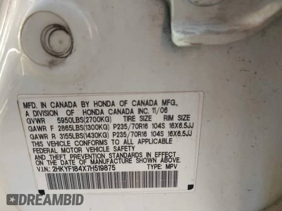 2007 Honda Pilot EX z VIN 2HKYF184X7H519875, wystawiony jako IAAI lot #43422713 z przebiegiem Nie podano mil oraz . Historia ofert i sprzedaży dostępna na DreamBid. Obrazek 9.