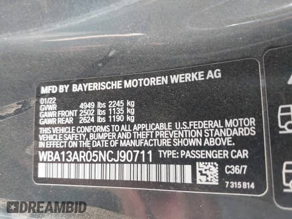 2022 BMW 4 Series M440i xDrive with VIN WBA13AR05NCJ90711, listed as a IAAI auction lot 42809557 with 17,854 mi miles and . Bid and sale history available at DreamBid. Image 9.