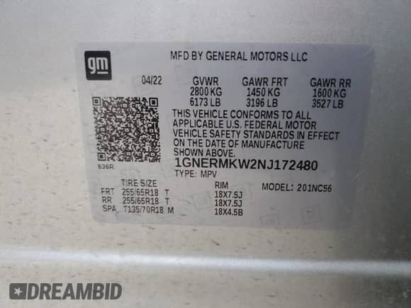 2022 Chevrolet Traverse LT Cloth z VIN 1GNERMKW2NJ172480, wystawiony jako Copart lot #84886734 z przebiegiem 40 521 mil mil oraz Szkoda całkowita • Salvage title. Historia ofert i sprzedaży dostępna na DreamBid. Obrazek 13.