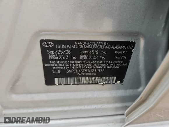 2007 Hyundai Sonata SE с VIN 5NPEU46F57H231972, выставлен на аукционе Copart как лот 90361625 с пробегом 137 318 миль миль и Списание • Salvage title. История ставок и продаж доступна на DreamBid. Изображение 13.