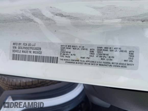 2023 Ram ProMaster Cargo с VIN 3C6LRVDG7PE535228, выставлен на аукционе IAAI как лот 43364945 с пробегом 64 466 миль миль и . История ставок и продаж доступна на DreamBid. Изображение 9.