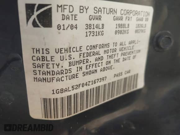 2004 Saturn ION ION 3 with VIN 1G8AL52F04Z167397, listed as a IAAI auction lot 43429131 with 71,923 mi miles and . Bid and sale history available at DreamBid. Image 9.