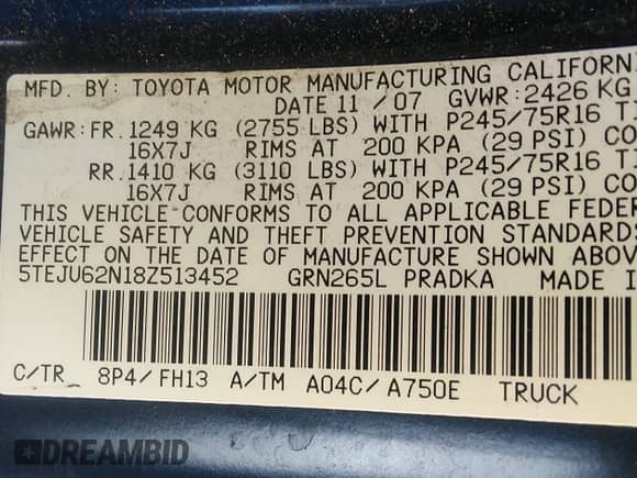 2008 Toyota Tacoma PreRunner с VIN 5TEJU62N18Z513452, выставлен на аукционе IAAI как лот 43457663 с пробегом 201 226 миль миль и . История ставок и продаж доступна на DreamBid. Изображение 9.